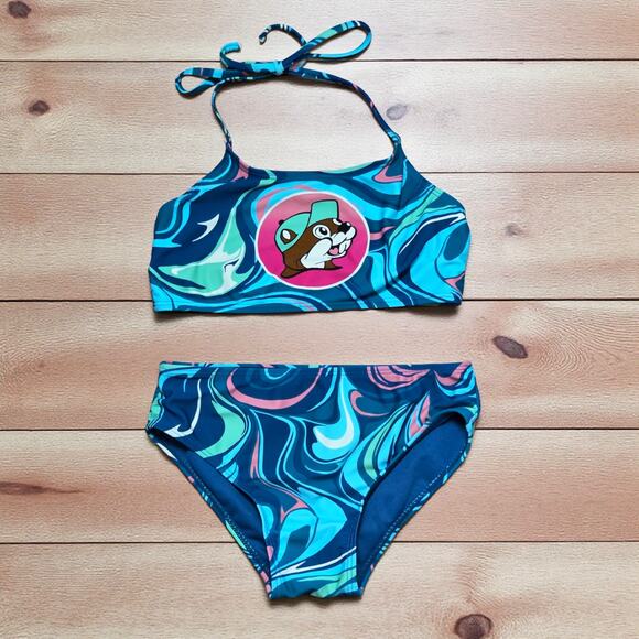 Girl's BUC-EES Swirly Psychedelic Beaver Halter Bikini Swimsuit Swim YM 8 - Picture 1 of 1